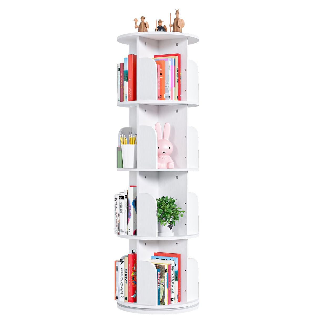 EasyCom Rotating Bookshelf, Spinning Bookshelf Tower for Kids, 4 Tier Rotating Bookshelf Kids, 360 Rotating Bookshelf with Storage, Wooden Revolving Bookcase for Kids Room, White