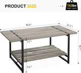 2-Tier Farmhouse 41'' Large Wood Coffee Table with Shelf -Modern Rustic Metal Rectangle