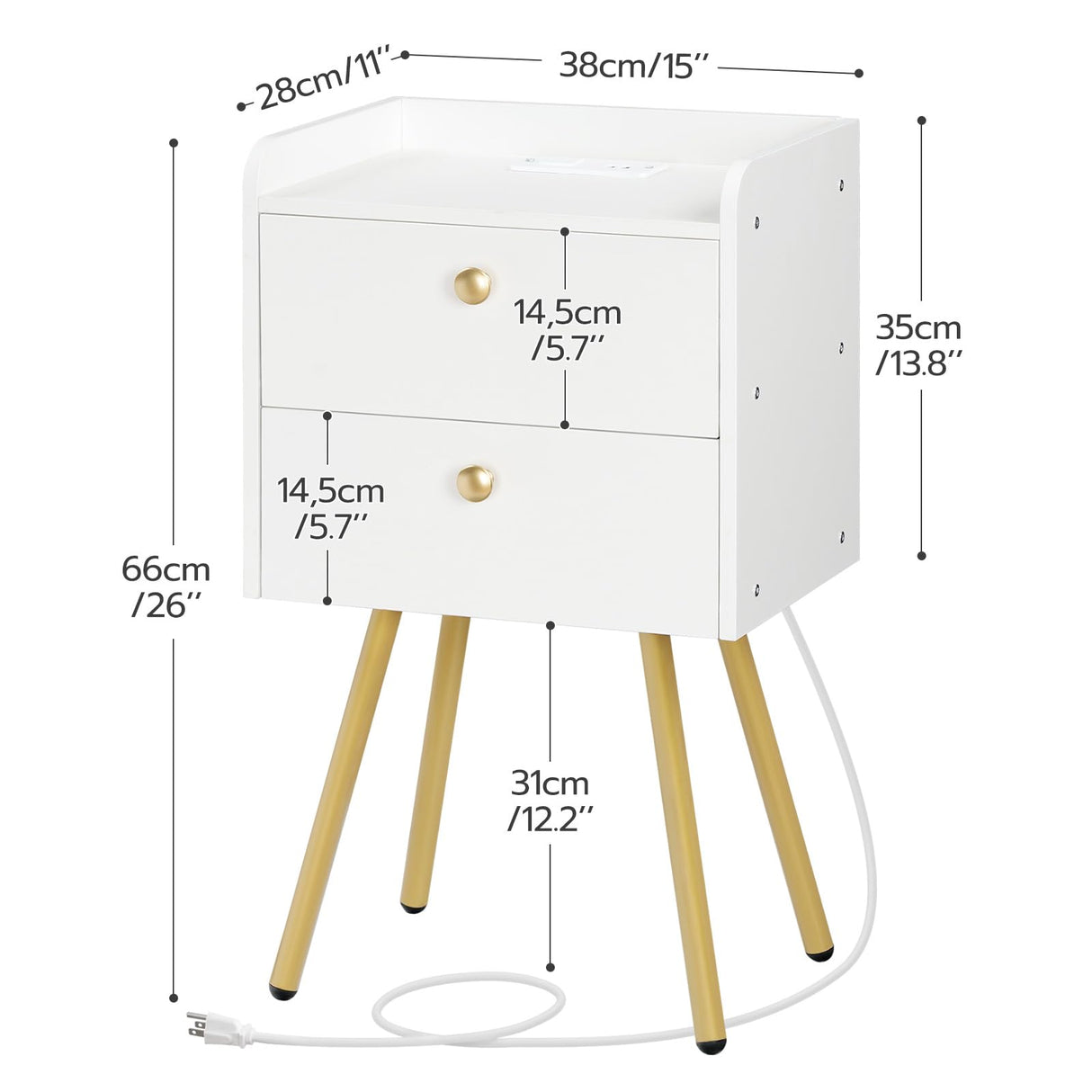 Nightstand with Charging Station, Modern Side Table with 2 Drawers