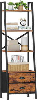 5-Tier Ladder Shelf with 2 Drawers,Narrow Bookshelf Storage Shelves,Industrial Bookcase Freestanding Shelf Units for Bedroom,Living Room,Bathroom,Home Office,Balcony,Wood Metal,Rustic Brown