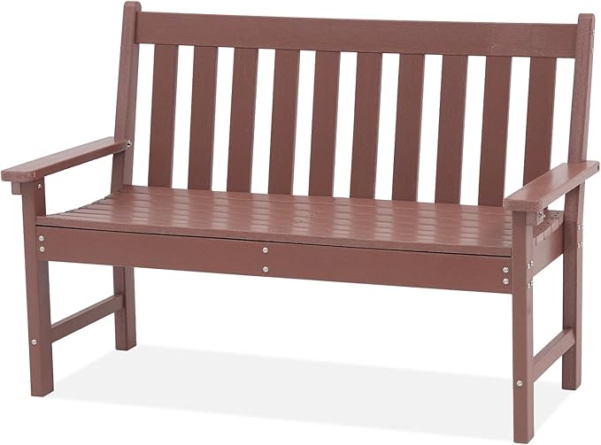 Outdoor Garden Bench, All Weather HDPE Patio Porch Bench with Faux Wood Grain Pattern