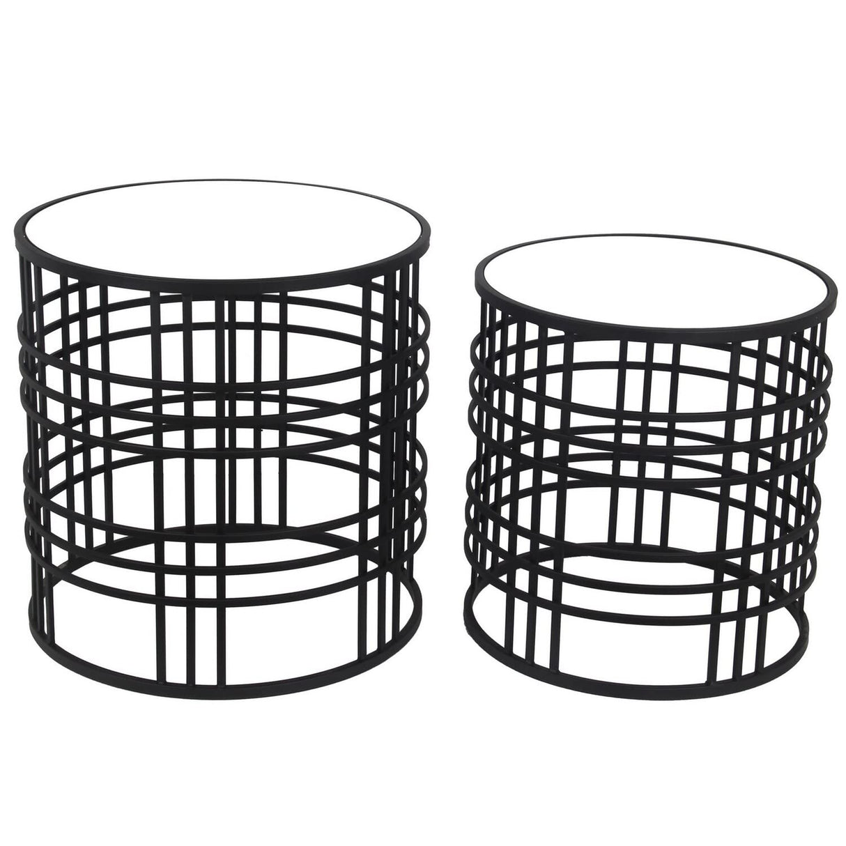 Set Mirrored Top Round Accent Table with Open Base, Set of 2, Black