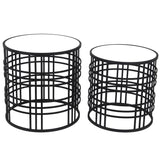 Set Mirrored Top Round Accent Table with Open Base, Set of 2, Black