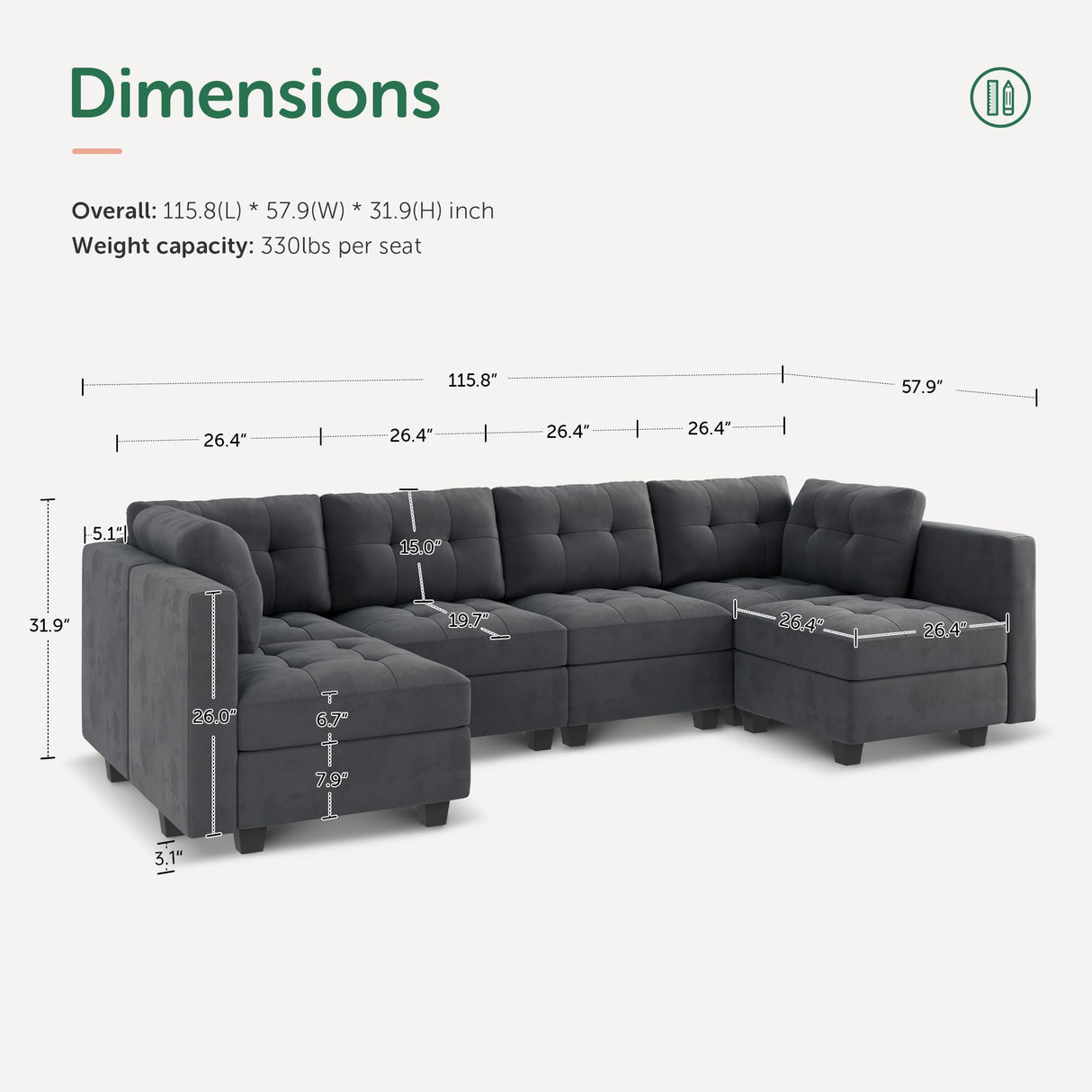 Modular Sectional Sofa Velvet U Shaped Couch with Reversible Chaises