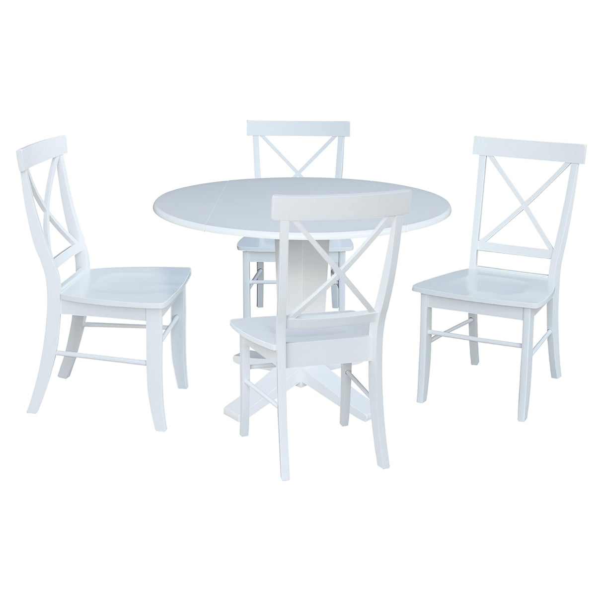 42 in Round Drop Leaf Pedestal Table with 4 Dining Chairs in White - 5 Piece Set