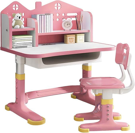 Desk and Chair Set- Height Adjustable Children School Study Desk with Castle Backboard