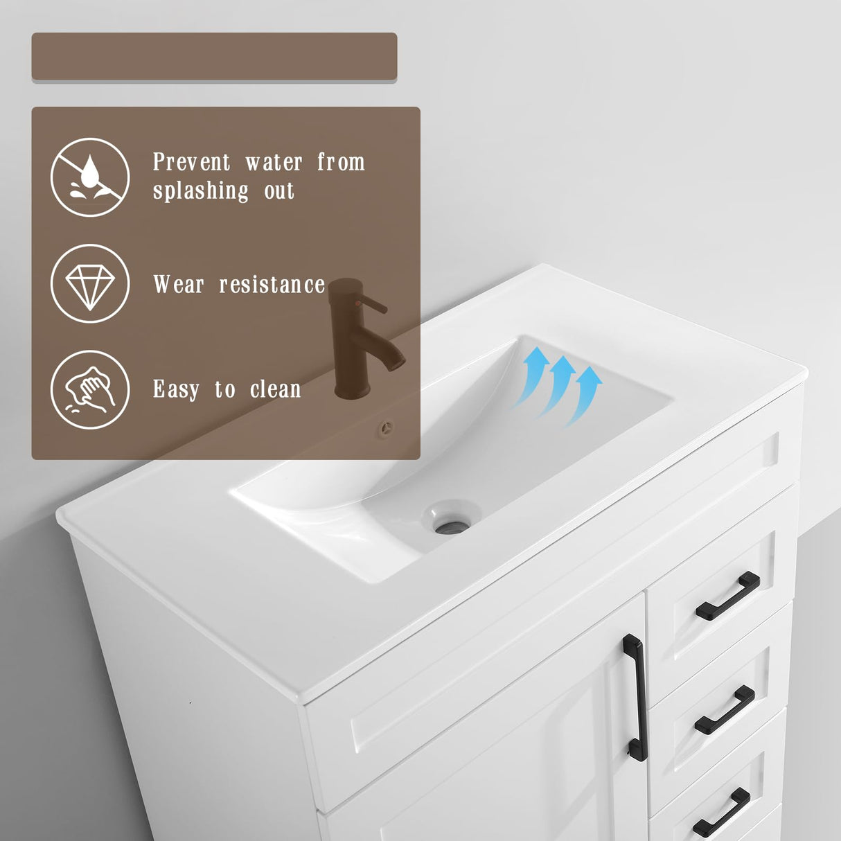 BUPWHEK 30” Luxurious Bathroom Vanity with Ceramic Sink Combo, White Bathroom Cabinet with 1 Soft Closing Door & 3 Full Extension Drawers, Faucet and Pop Up Drain Included
