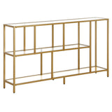 52" Wide Rectangular Console Table with Glass Shelves in Brass, Entryway Table,