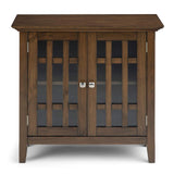 SIMPLIHOME Bedford SOLID WOOD 32 inch Wide Transitional Low Storage Media Cabinet in Rustic Natural Aged Brown, with 2 Tempered Glass Doors, 2 Adjustable Shelves