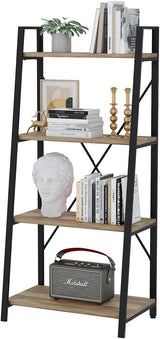 Industrial Ladder Shelf Bookcase, 4 Tier Rustic Ladder Bookshelf, Standing Leaning Book