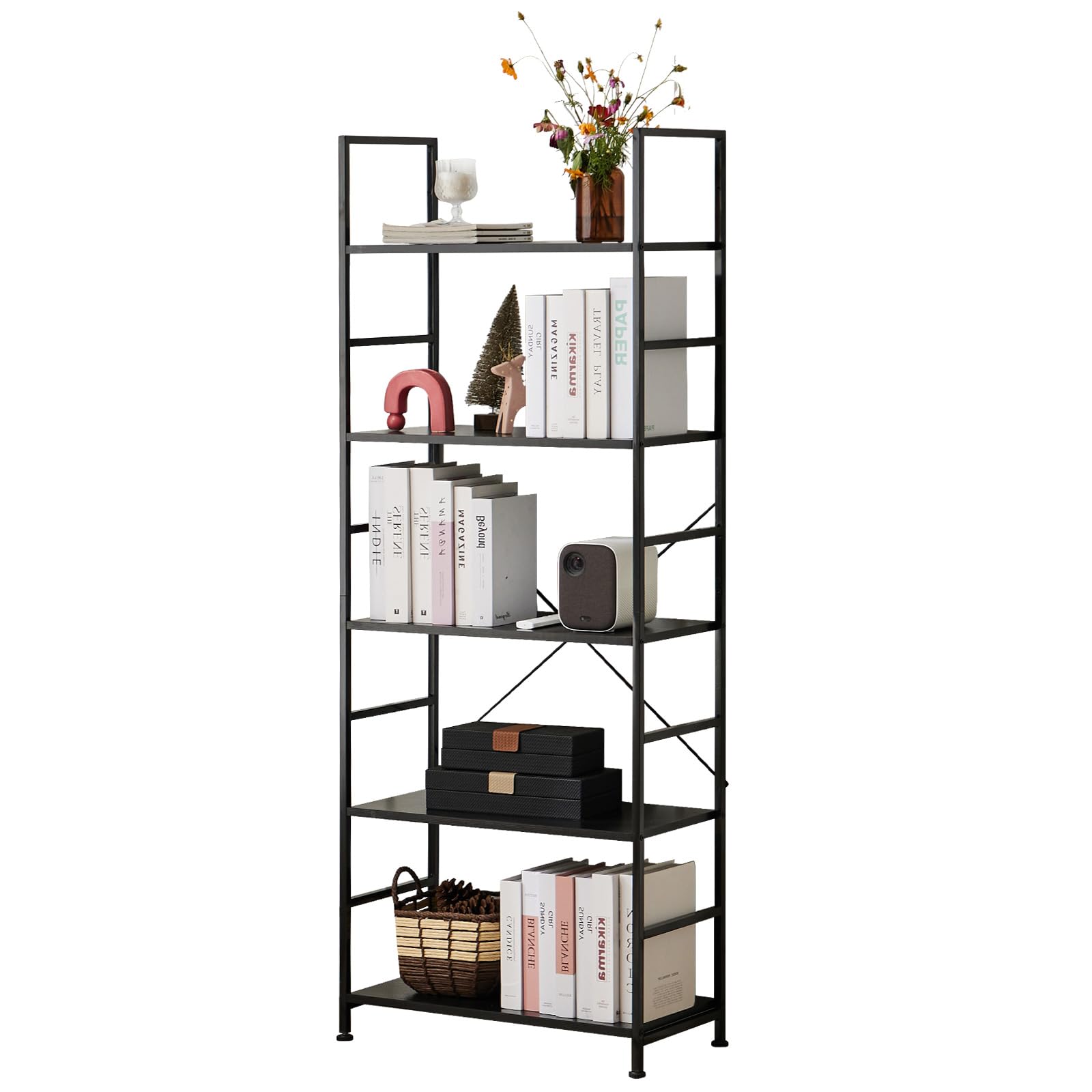 5-Tier Tall Bookcase, Bookshelf with Steel Frame, Modern Industrial Display Shelves,