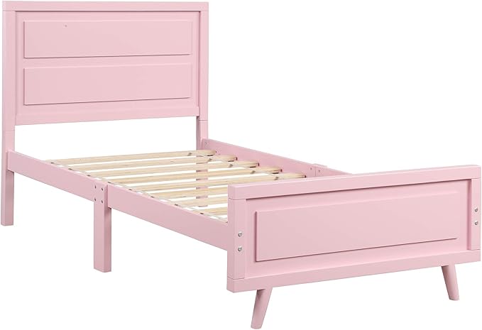 Twin for Girls, Hard Wood Platform Bed with Oxford Headboard Foot Board Wood Slats