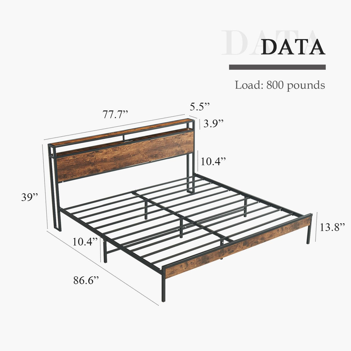 King Size Bed Frame with Charging Station, Platform Bed Frame with Storage Headboard,