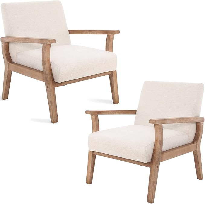 Beige Accent Chair Mid Century Modern Armchair Wood Sitting Chair Linen Fabric