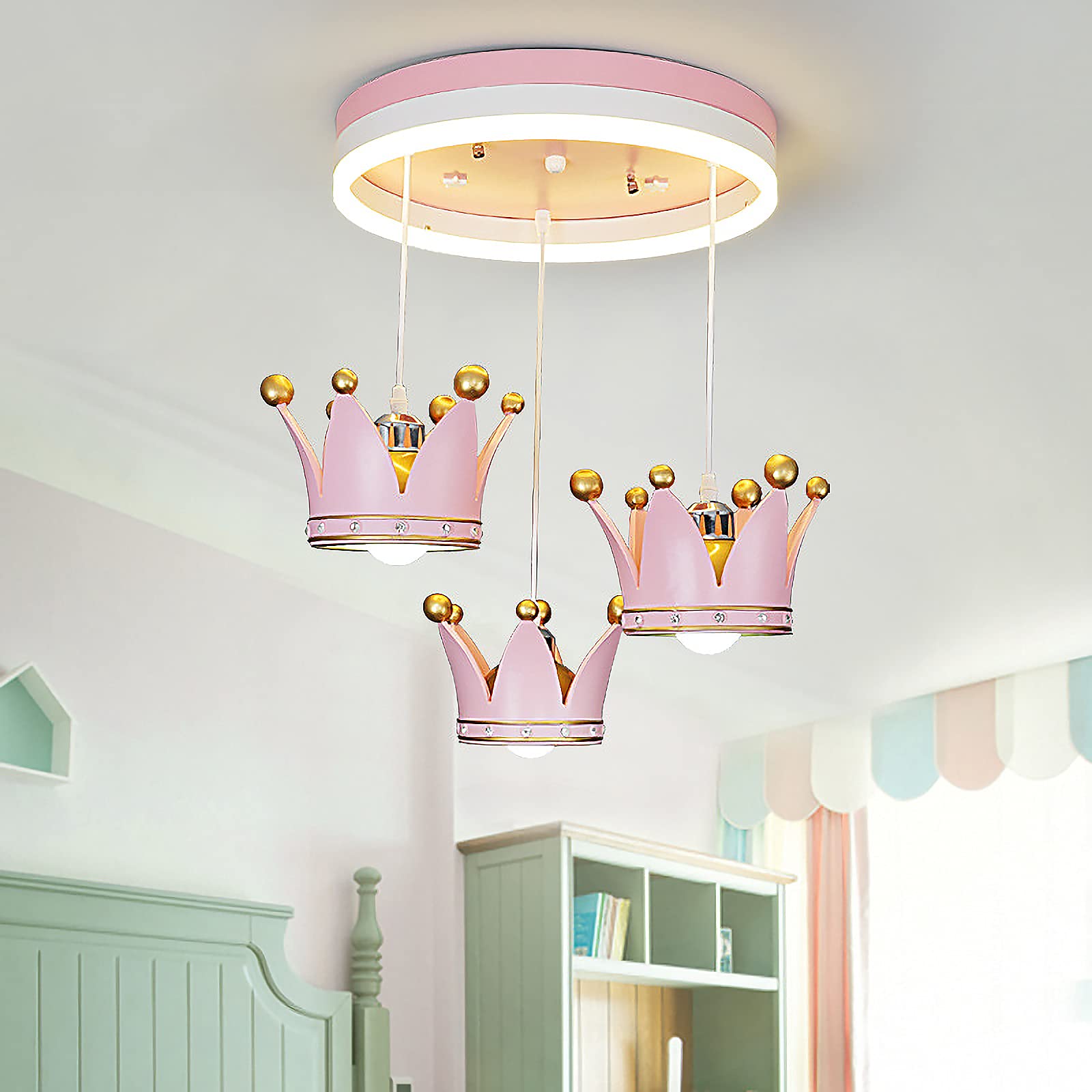 Pink Crown Chandelier for Kids Room - Modern Princess Pendant Light