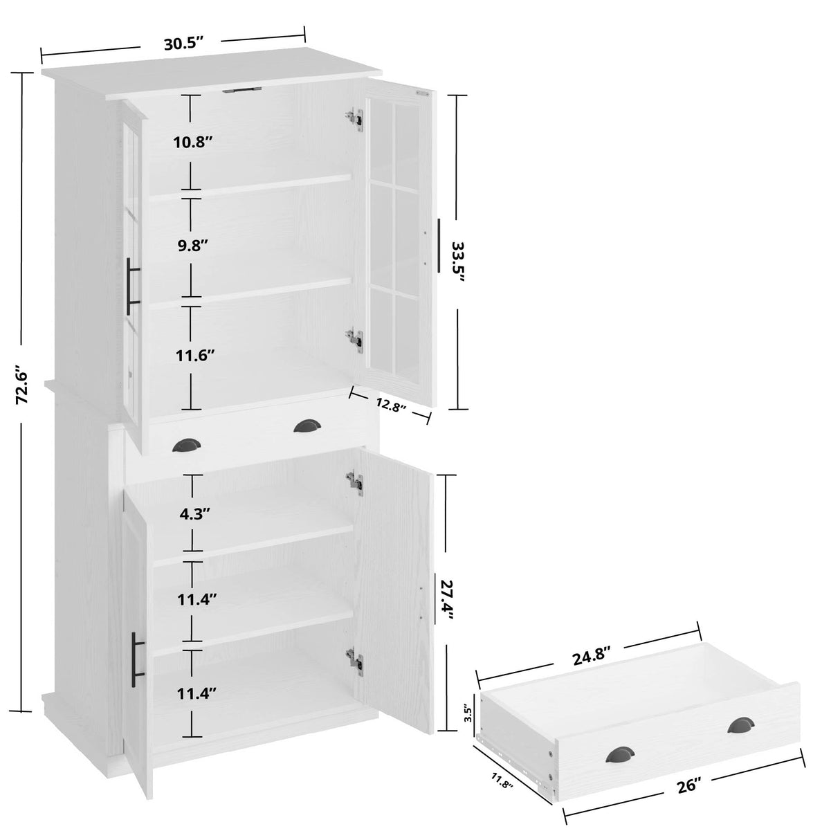 IRONCK Kitchen Pantry Cabinet 72" Height, with 6 Shelves, Drawers, and 4 Doors, Tall Freestanding Cupboard for Dining Room Living Room, White