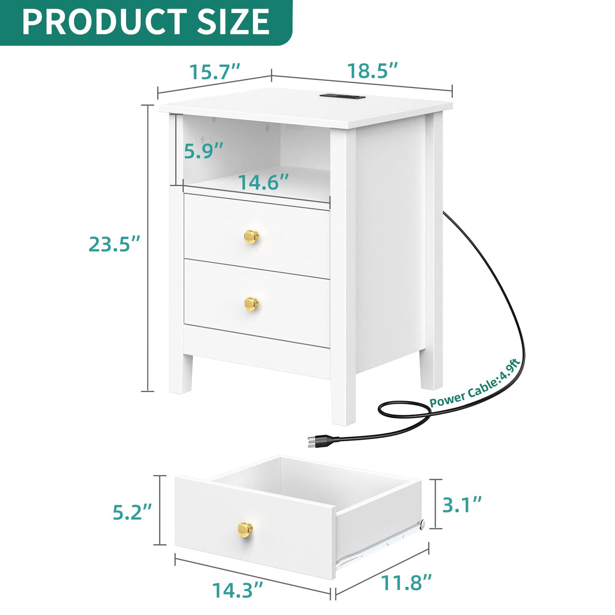 Nightstand with Charging Station, Night Stands with 2 Drawers for Bedroom