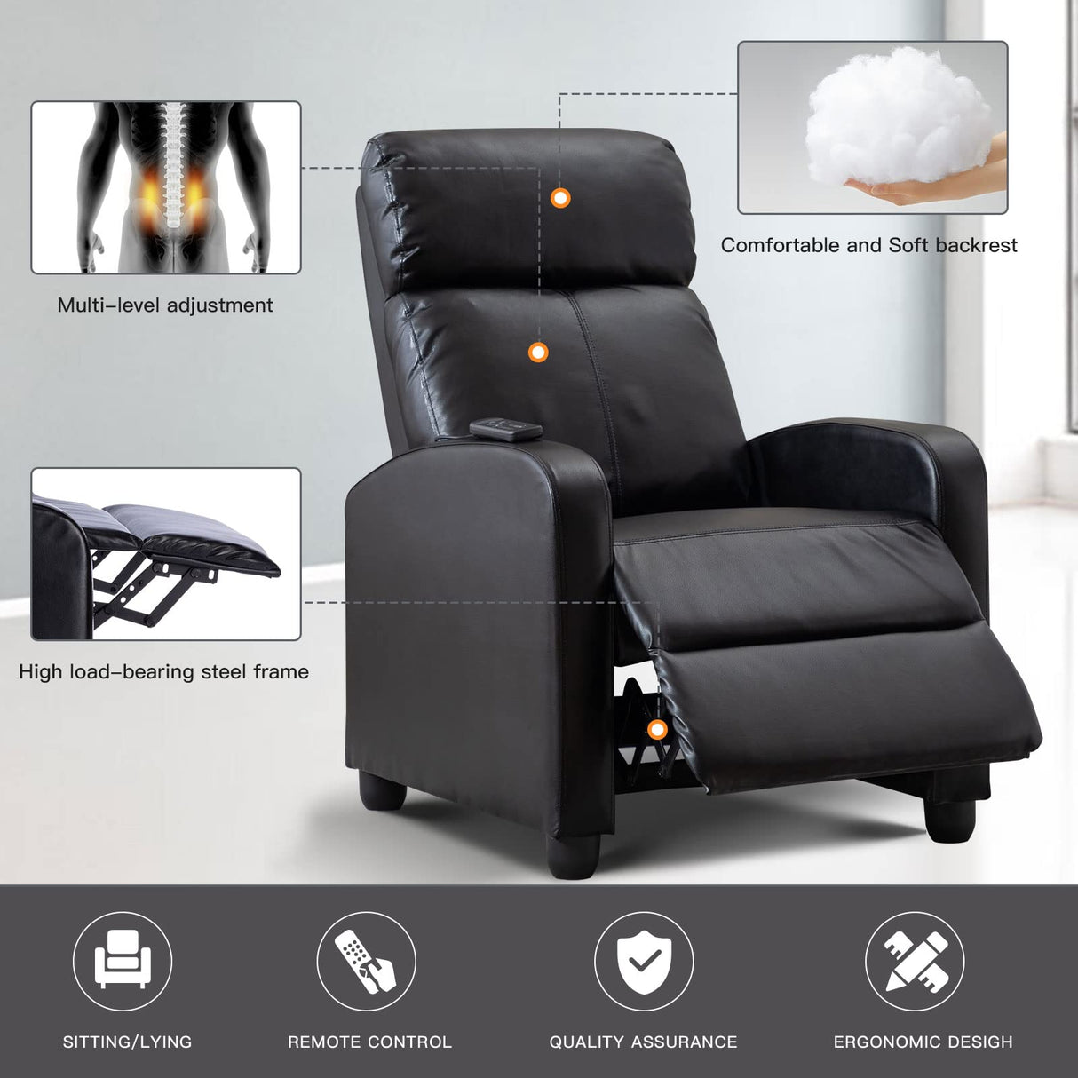 PU Leather Massage Recliner Chair Winback Recliner Chairs, Modern Padded