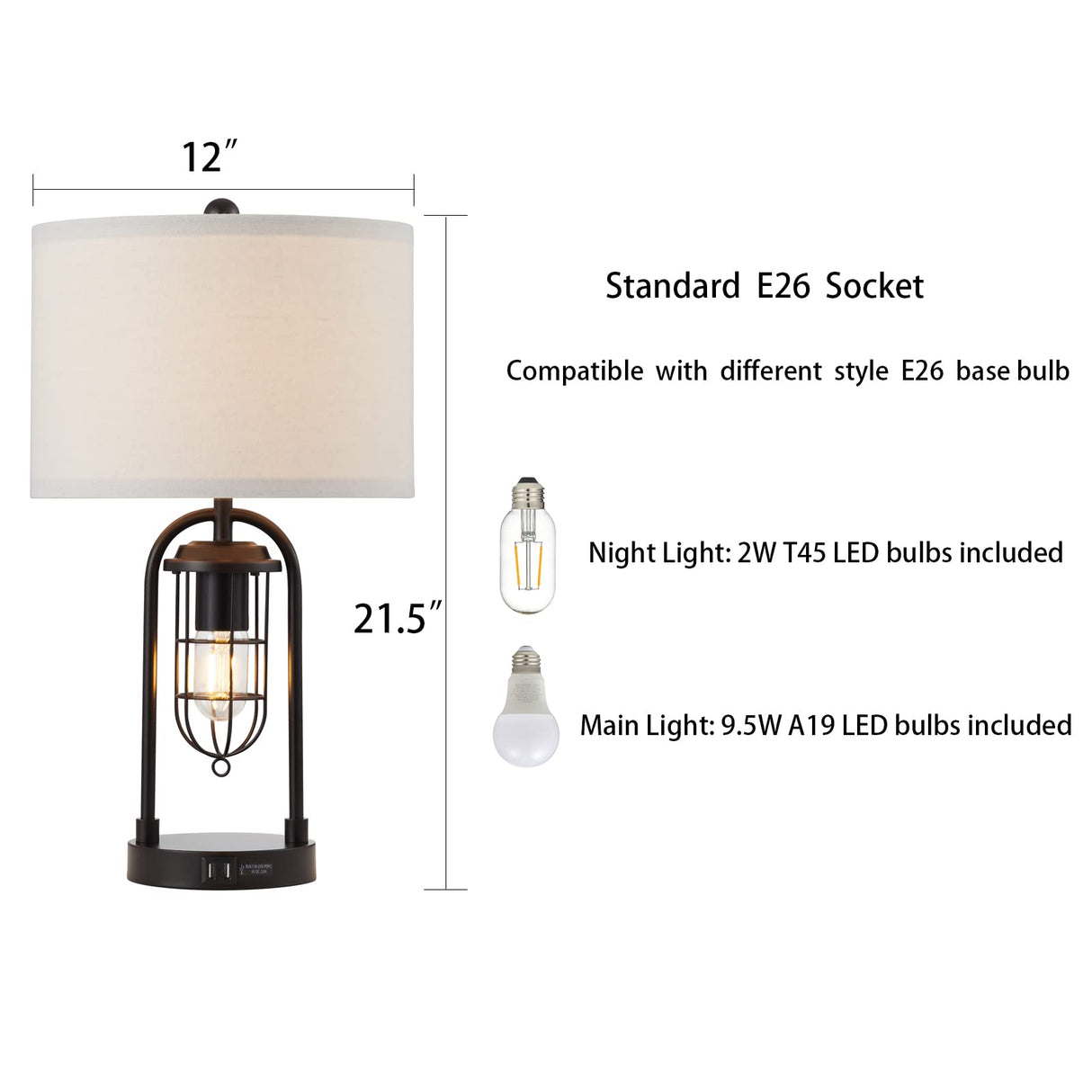 21'' Industrial Table Lamps Set of 2 with Night Light & USB Port
