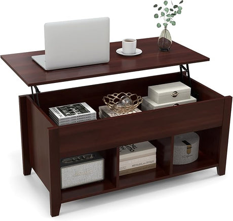 Lift Top Coffee Table - Rectangular Wooden Table w/Hidden Compartment & Open Storage