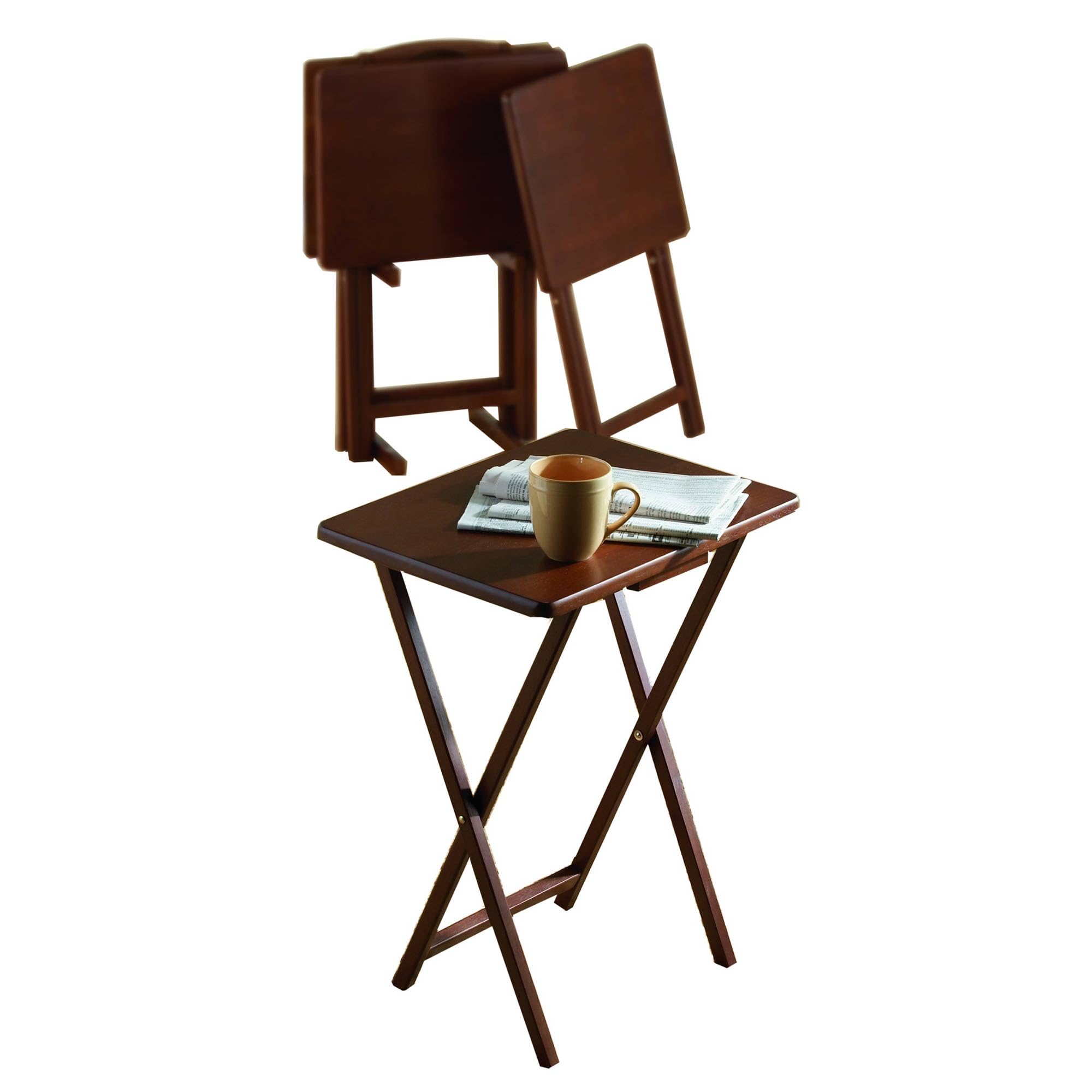 PJ Wood 5 Piece Set, 4 Folding Wooden TV Tray Snack Tables with Storage Rack