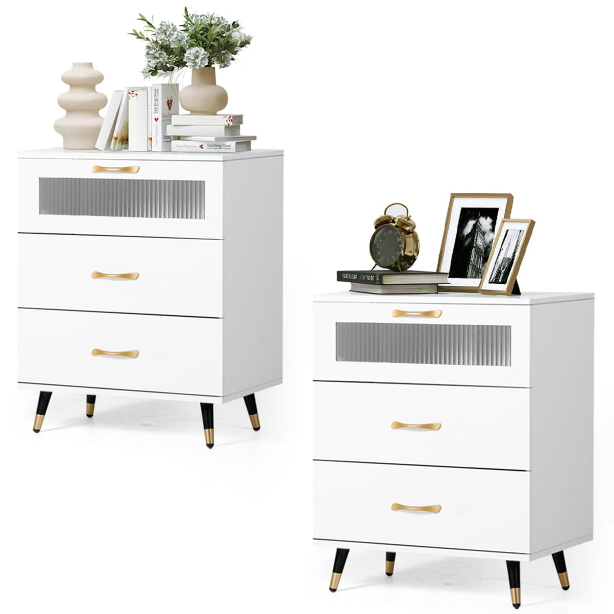 White Nightstand Set of 2 Wood 3 Drawer Bedside Table with Glass Door