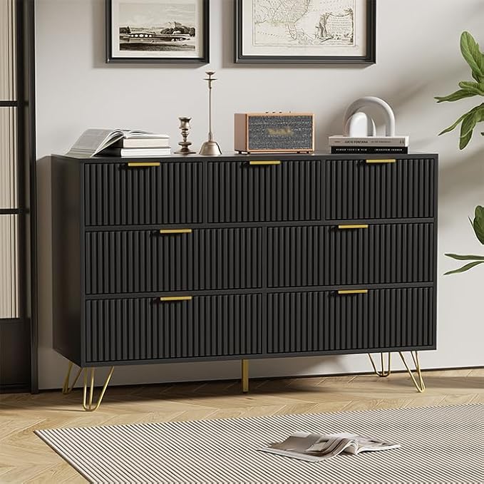 Black Dresser for Bedroom, 7 Drawer Dresser with Gold Pulls and Metal Legs