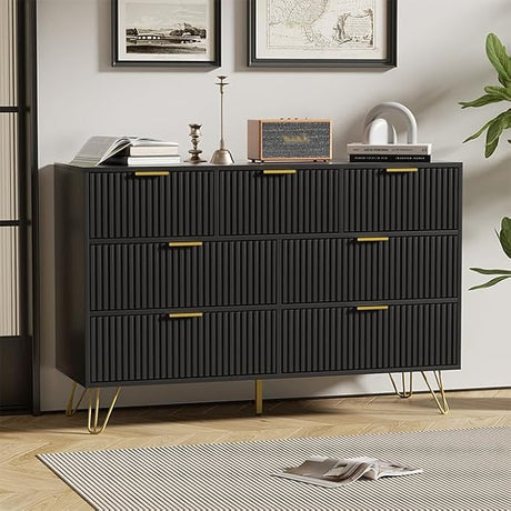 Black Dresser for Bedroom, 7 Drawer Dresser with Gold Pulls and Metal Legs