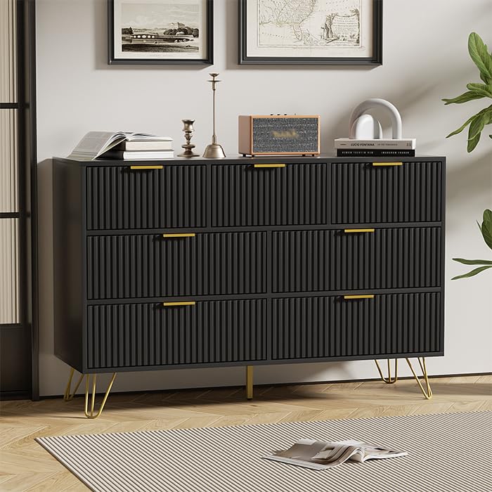 Black Dresser for Bedroom, 7 Drawer Dresser with Gold Pulls and Metal Legs