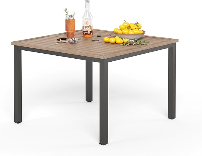 Large Outdoor Patio Table for 8 Person, 60" Square Metal Steel Slat Table with 1.57"-1.9" Adjustable Umbrella Hole, Weather-Resistant Outdoor Dining Table for Deck Backyards, Brown