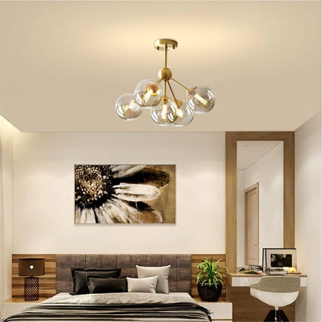 Lighting 5-Light Amber Glass Globe Chandelier Brush Gold Semi Flush Mount Ceiling Light