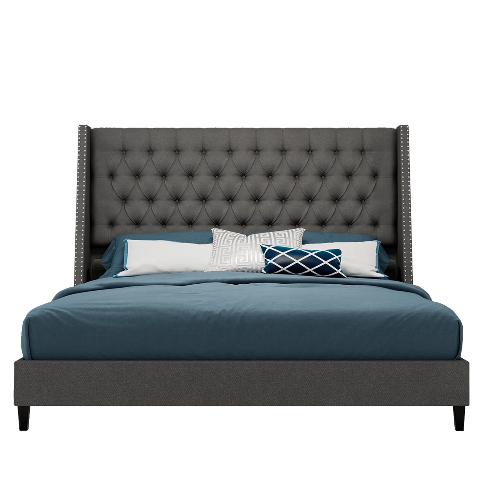 Queen Size Bed Frame, Linen Upholstered Platform Bed with Nailhead Wingback Headboard