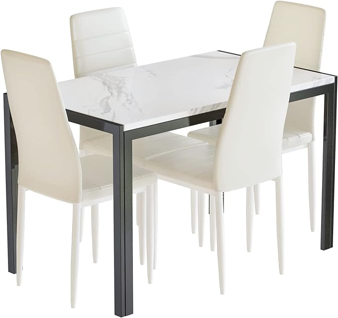 Faux Marble Dining Table Set for 4,5 Piece Dining Room Table Set,Rectangular Table