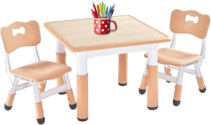 Kids Table and 2 Chairs Set, Height Adjustable Toddler Table and Chair Set for Ages 3-8