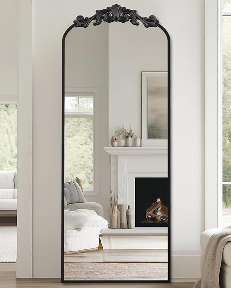 Full Length Mirror, 58"x18" Floor Mirror Freestanding with Carved Metal Frame & Bottom