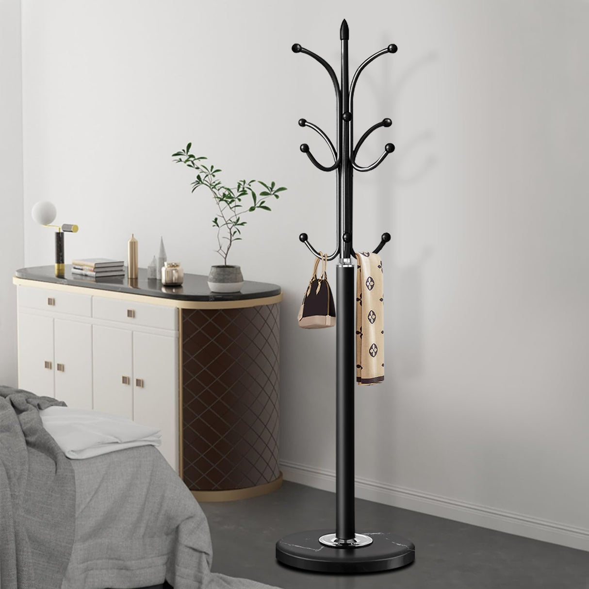 Metal Coat Rack Stand with Natural Marble Base, Coat Rack Freestanding, Sturdy Hall Tree