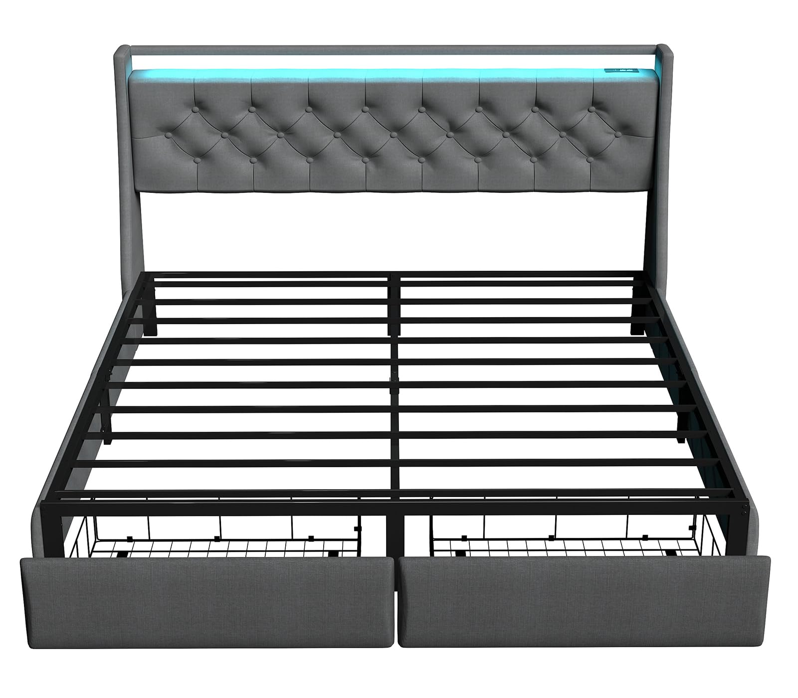 SADENICEL Full Size Bed Frame with Storage Headboard and 2 Drawer, Metal Full Bed Frame Platform with LED Light, Charging Station, No Box Spring Needed, Noise Free, Easy Assembly, Grey
