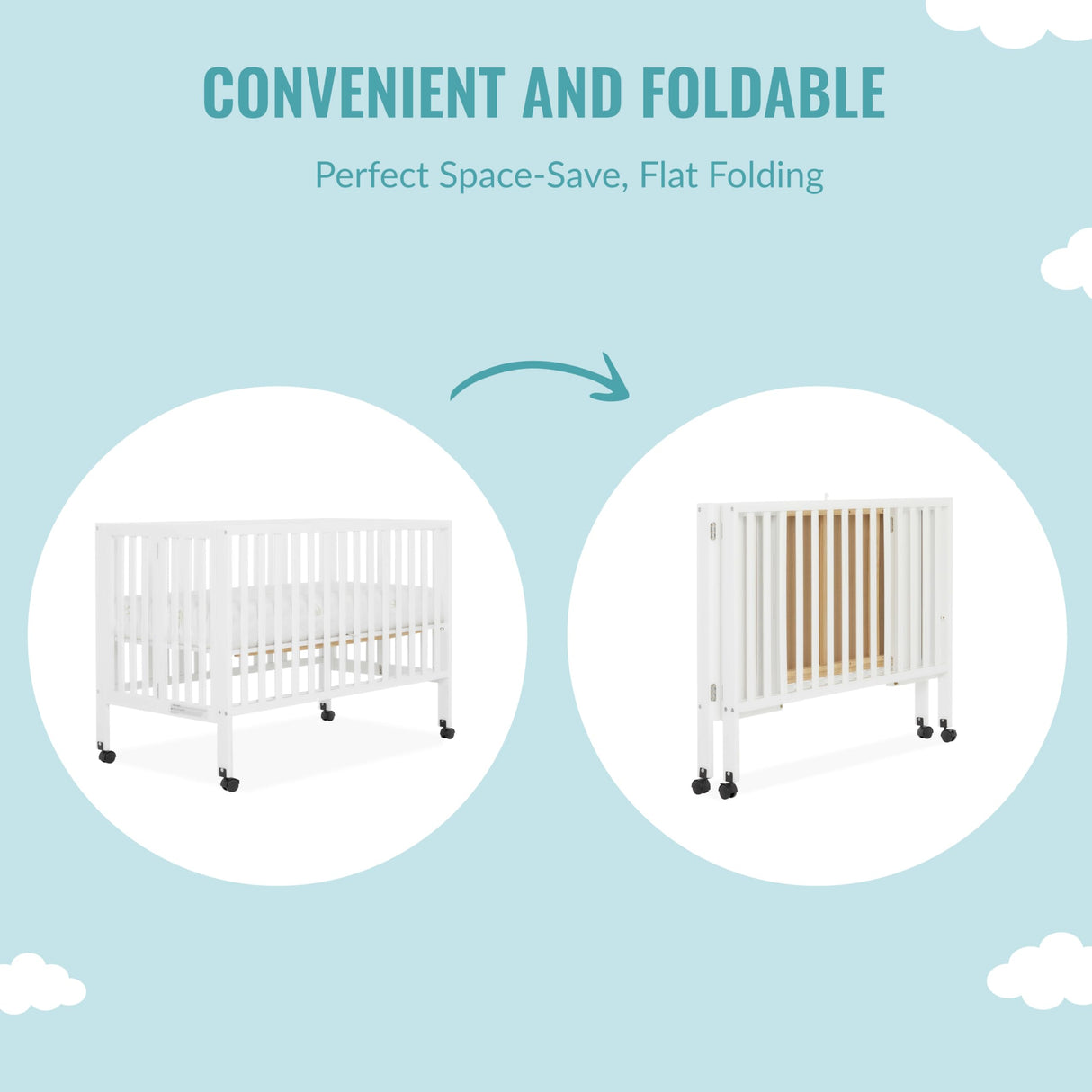 Quinn Full-Size Folding Crib In White, Removeable Wheels, Modern Nursey, Adjustable