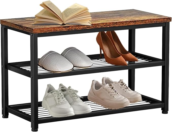 Shoe Storage Bench, Barrow Entryway Bench with Mesh Shelves Wood Seat