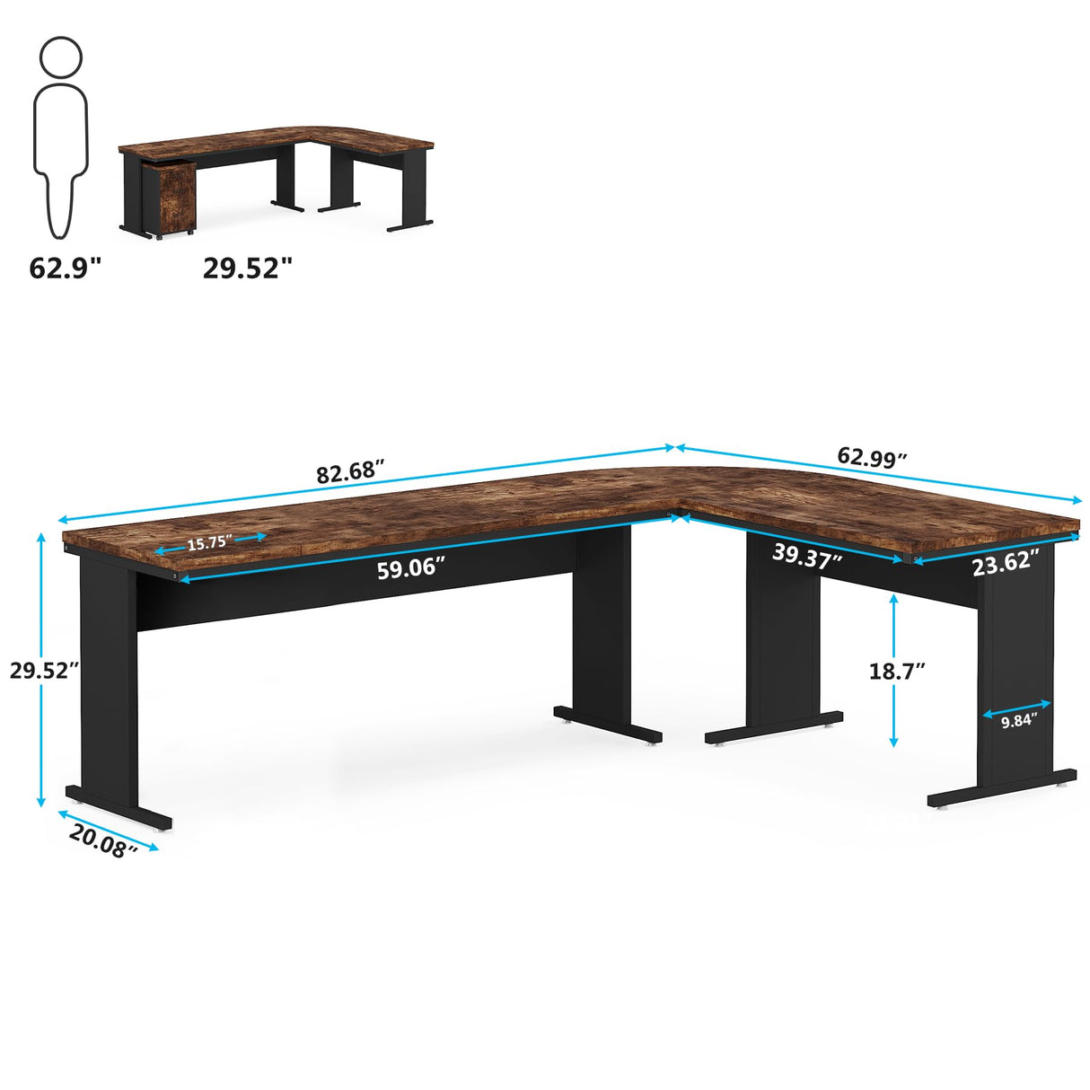 83" L-Shaped Executive Desk, Large Office Desk with 3-Drawer Mobile File Cabinet