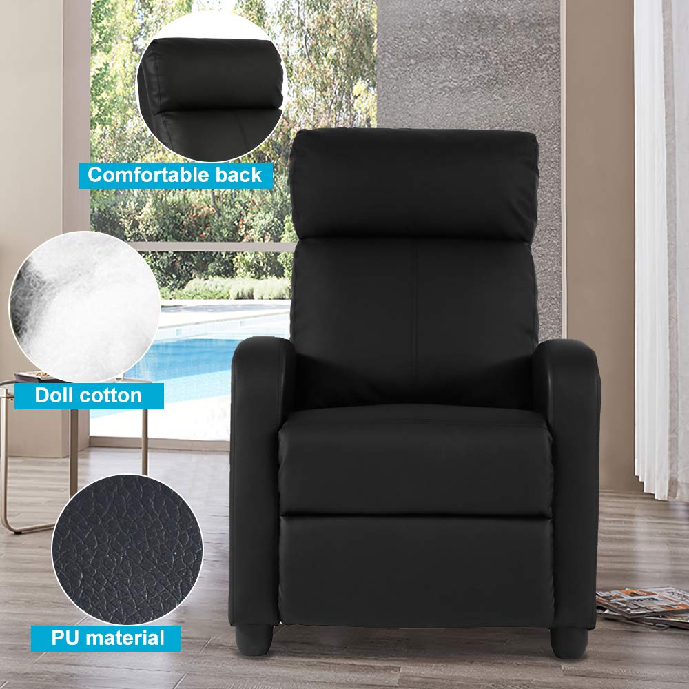 Chair for Living Room Padded Wide Seat Sofa PU Leather Reclining Chair with Footrest & Backrest, Wingback Heavy Duty Modern Single Sofa Home Theater Seating Easy Lounge, Black