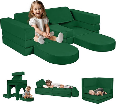 Kids Couch, 10-Piece Modular Play Couch for Playroom, Fold Out Kids Sofa for Girl Boy