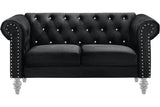 Glam Emma Velvet Two Seater Chesterfield Style Loveseat for Small Spaces with Crystal Button Tufts, Black