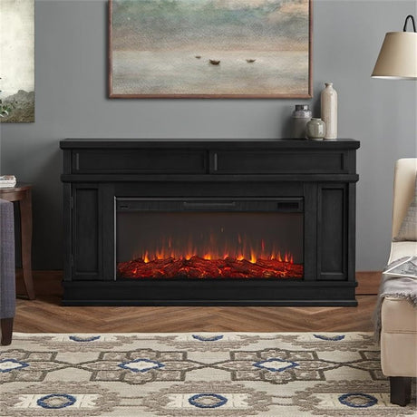 60.13" Solid Wood and Glass Electric Fireplace in Black