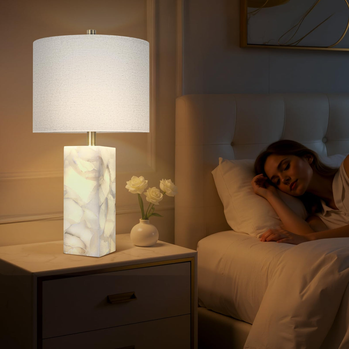 Scenekoy Natural Alabaster Table Lamp Set of 2 with Night Light for Bedroom Living Room, 23" Rotary Switch Bedside Lamp with Linen Shade, Modern Nightstand Lamps for Room Office Dorm (Bulb Included)