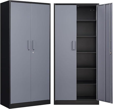 Metal Garage Storage Cabinet with 2 Doors and 5 Adjustable Shelves 71" Pantry Cabinet