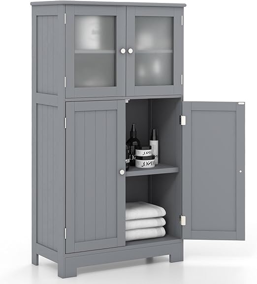 Bathroom Storage Cabinet, Wooden Linen Storage Organizer Cupboard with Doors