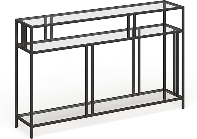 48" Wide Rectangular Console Table with Glass Shelves in Brass, Entryway Table, Accent