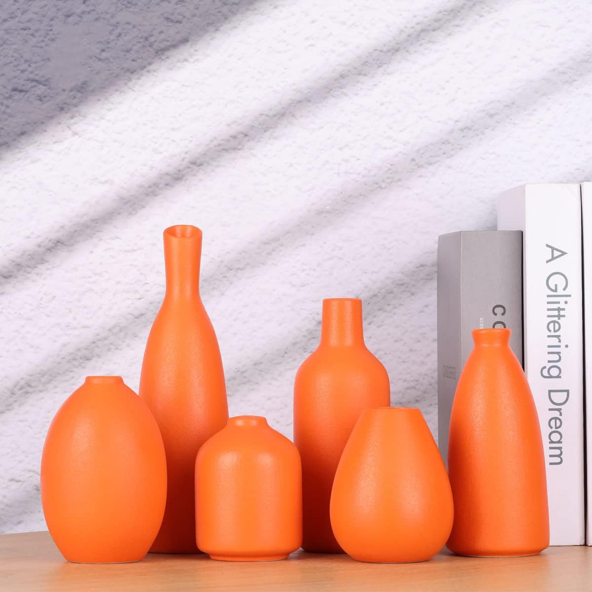 Orange Ceramic Bud Vases Set of 6, Farmhouse Decor, Fireplace Decor