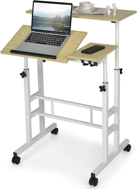 Mobile Standing Desk Stand Up Desk, Height Adjustable Home Office Desk with Standing & Seating 2 Modes, Tilting Tabletop & Flexible Wheels, Rolling Laptop Cart Sit Stand Desk (Walnut)